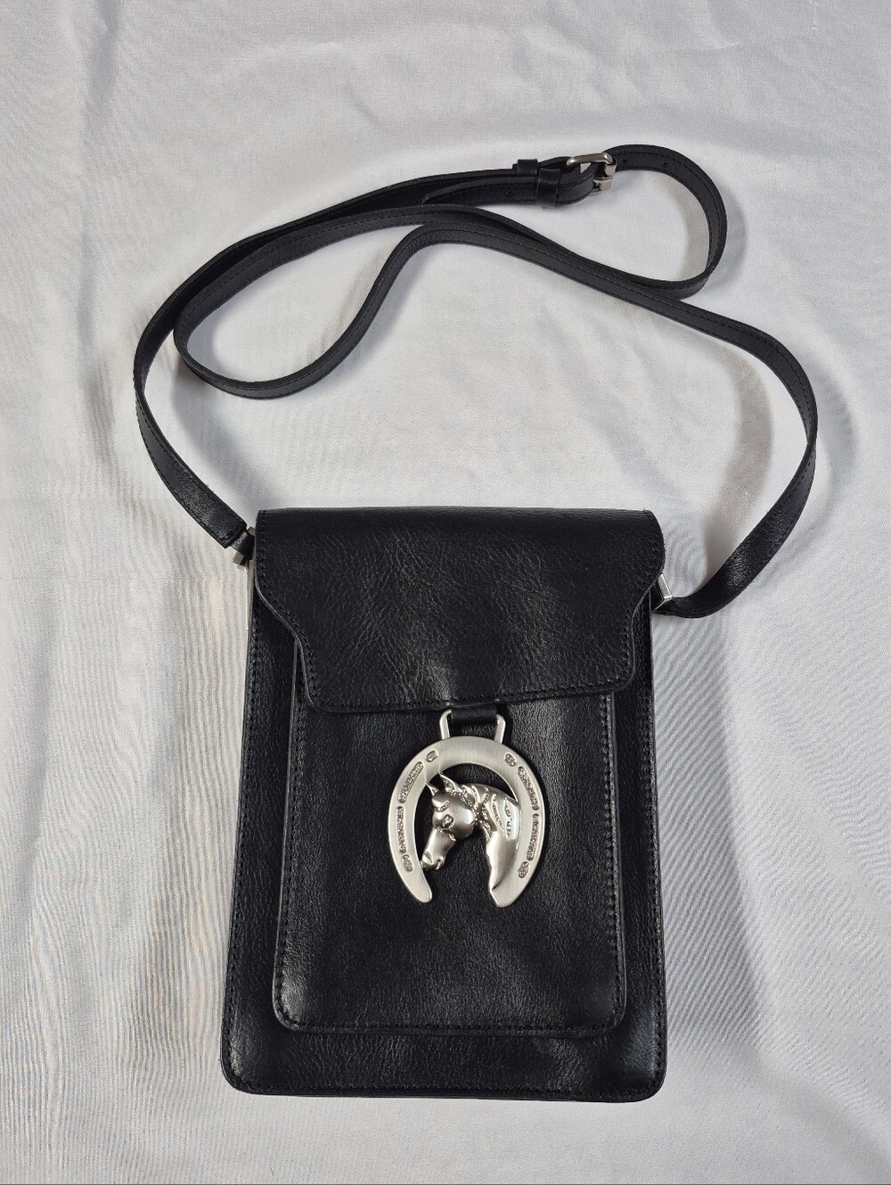 Patricia Nash Buckley Black Leather 3 Compartment North South Crossbody Purse